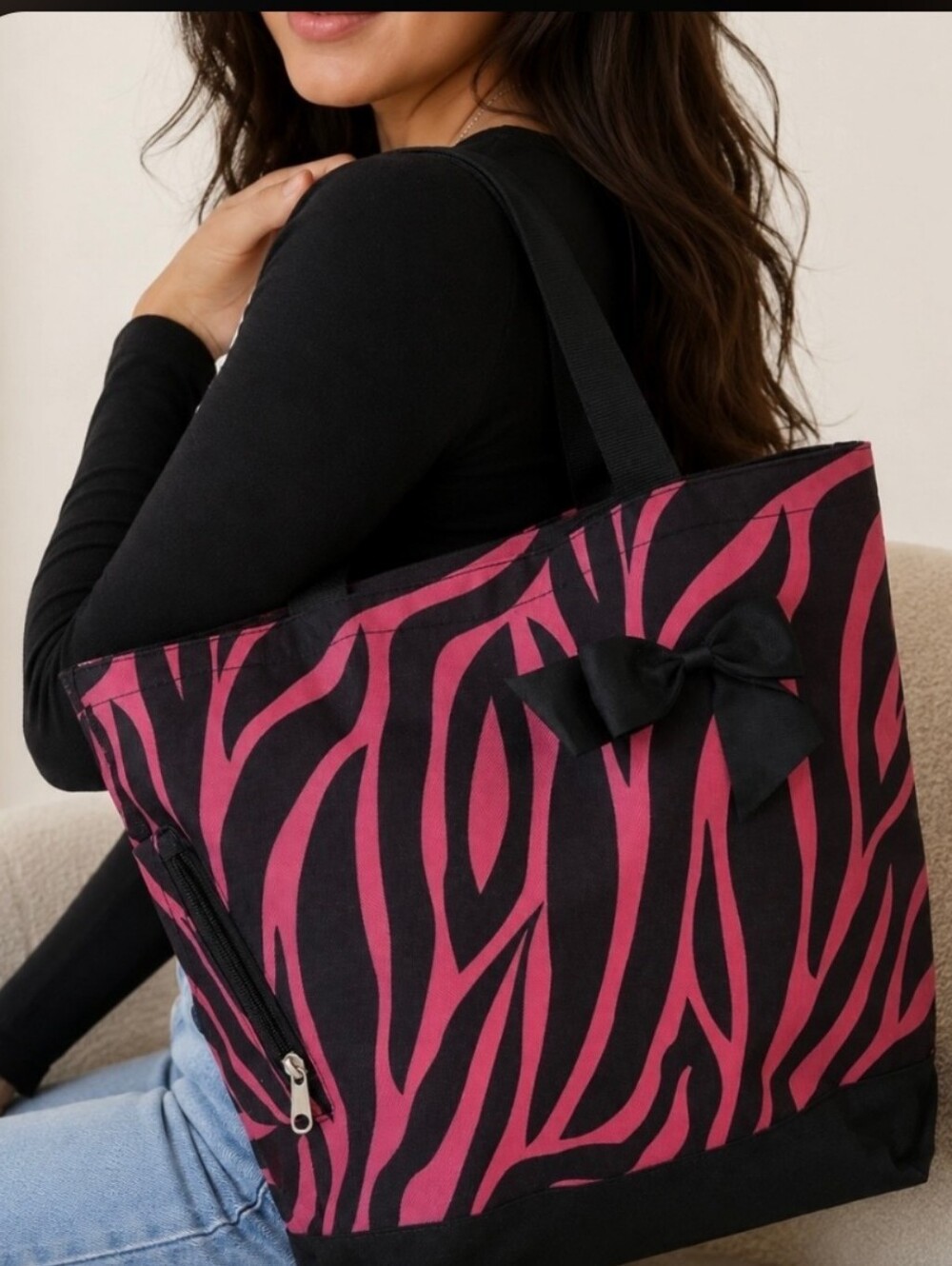 Pink & Black Zebra Print Tote Bag Bow Accent Large Shoulder Bag